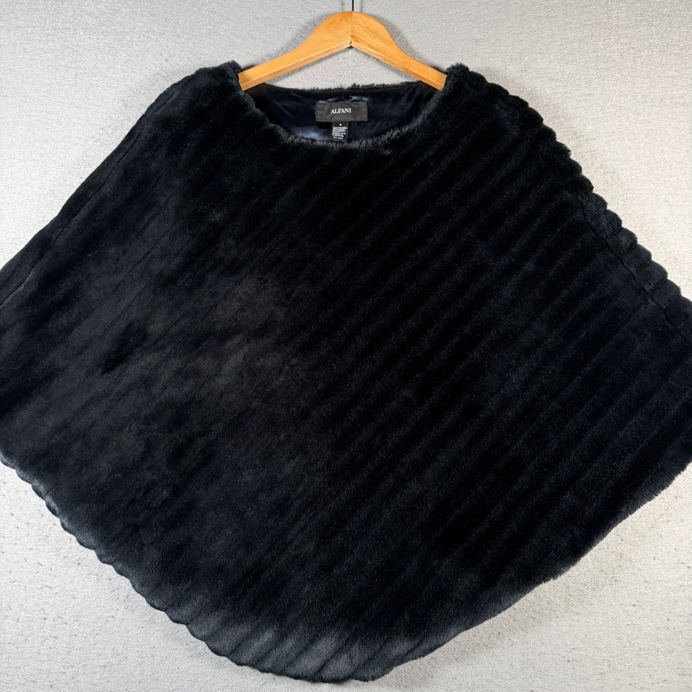 Alfani Black Faux Fur Striped Poncho Cape Size Small Drape Comfort Style